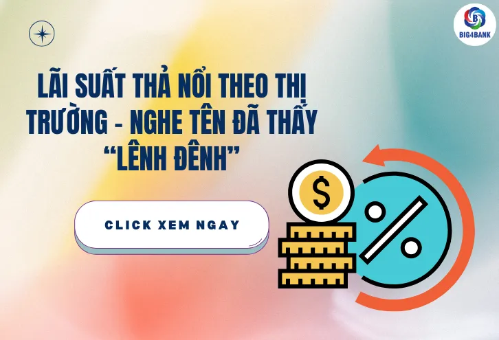 Công thức tính lãi suất thả nổi = Lãi suất tham chiếu (biến động) + Biên độ lãi suất (cố định). Sơ đồ công thức tính lãi suất thả nổi từ lãi suất tham chiếu và biên độ lãi suất.